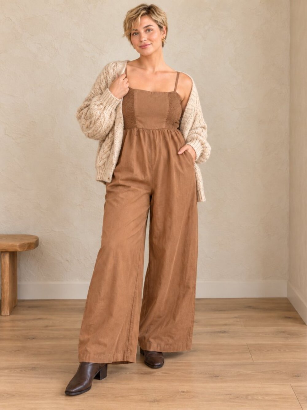 NEW Beyond Words Wide-Leg Smocked Bodice Jumpsuit in Brown Large